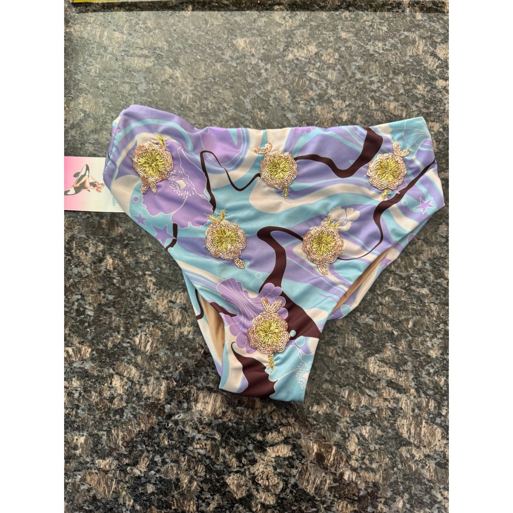 Oceanus Hawaii Nights Celine Bikini Bottoms High Waist Beaded Floral Small NWT